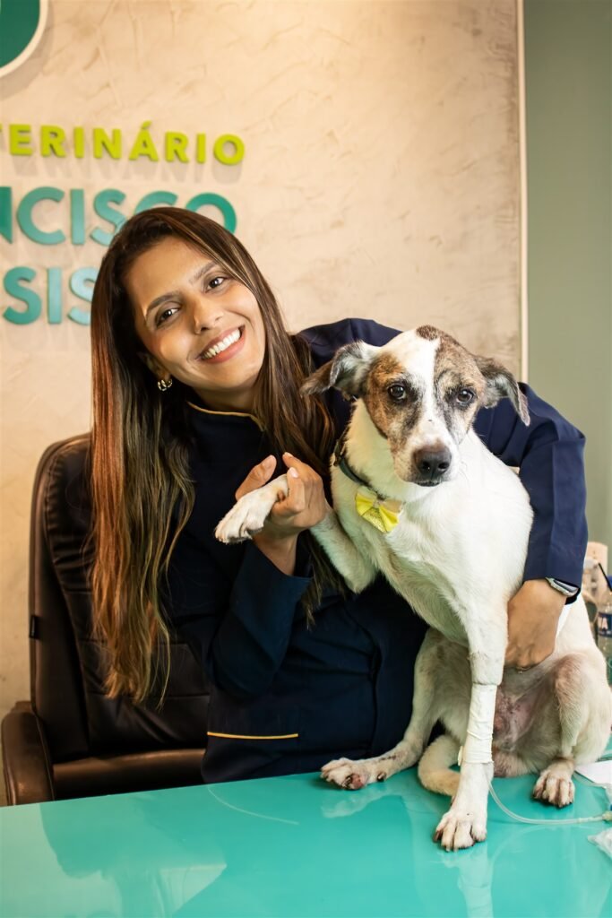 Profissional acolhendo um cão sobre a mesa de atendimento